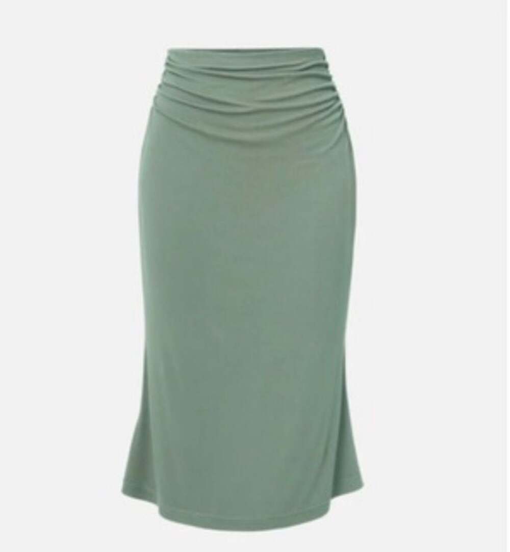 OGL Womens Ruched Side Mermaid Maxi Skirt Small Moss Quiet Luxury Beachwear